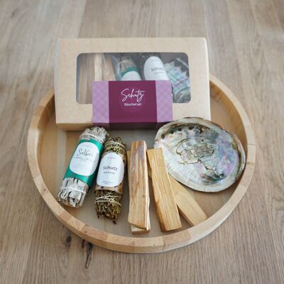 Incense set protection with sage smudge, dirt juniper smudge, palo santo and abalone shell