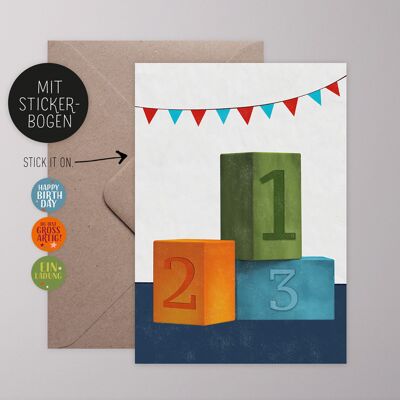 Greeting card with sticker - building blocks / 123