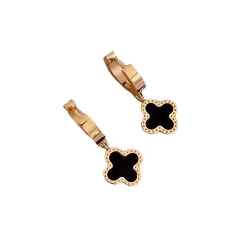 Clover pendant chunky huggie earring in black & gold.