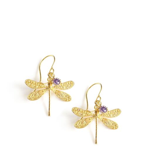 Gold dragonfly and Tanzanite crystal earrings