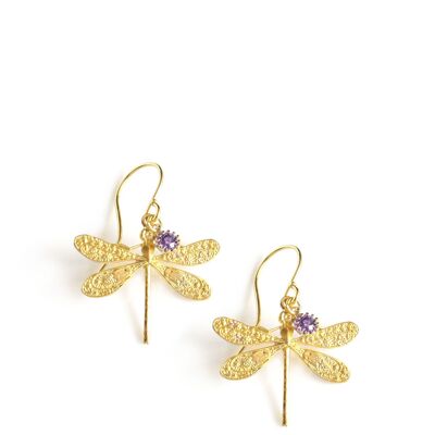 Orecchini con libellula in oro e cristalli di tanzanite