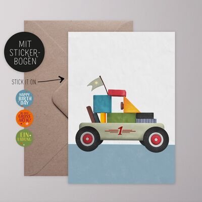 Greeting card with sticker - building blocks / racing car