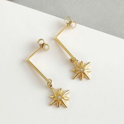 Star pendant earring with rectangular drop in gold
