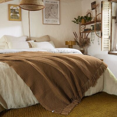 Fringed bedspread 240 x 260 cm RPET GABIN Camel