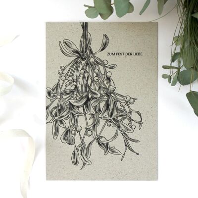 Greeting card made of grass paper, mistletoe