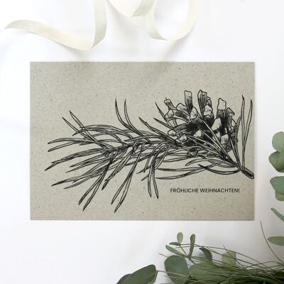 Greeting card made of grass paper, pine branch