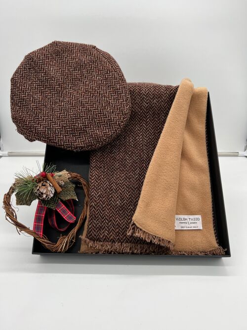 Brown Herringbone Flat Cap and Scarf Set