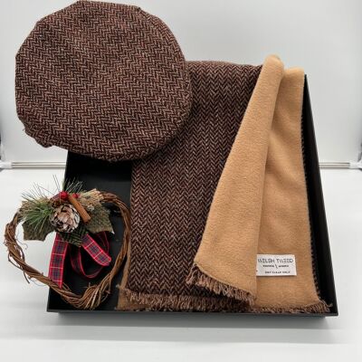 Conjunto gorra inglesa y bufanda de espiga marrón