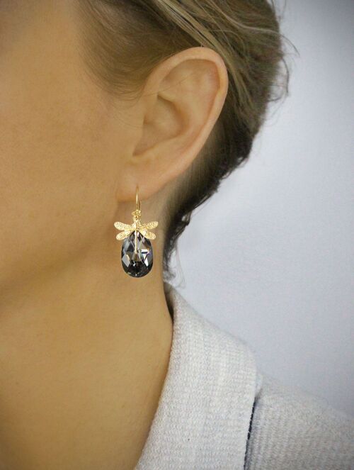 Gold dragonfly and Black Diamond drop earrings