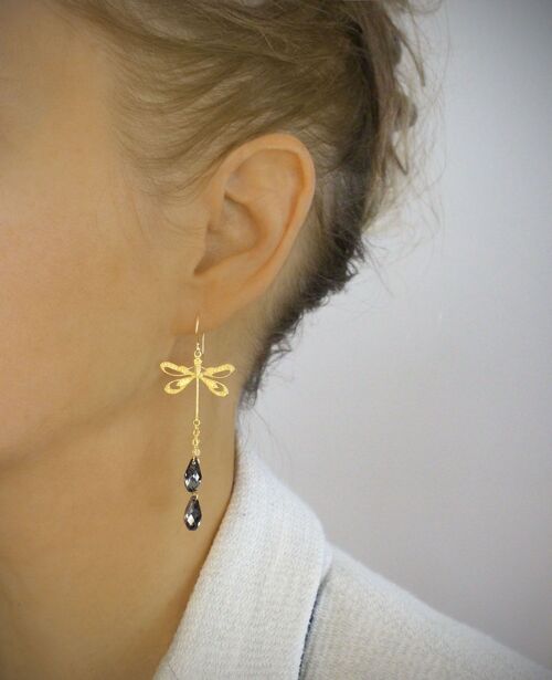 Gold dragonfly and Black Diamond crystal earrings