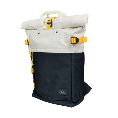 Rolltop-Rucksack aus 100 % recyceltem Polyester in Elfenbein und Marineblau