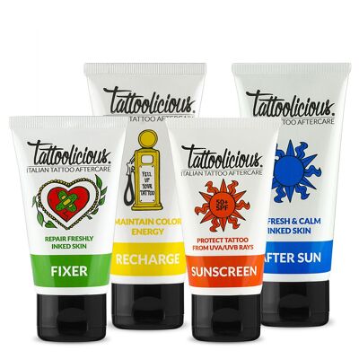 Tattoolicious® Combo Complet (FIXER+RECHARGE + CRÈME SOLAIRE 50+SPF + APRÈS SOLEIL)