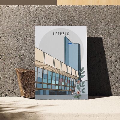 Cartolina Lipsia, Gewandhaus e grattacielo