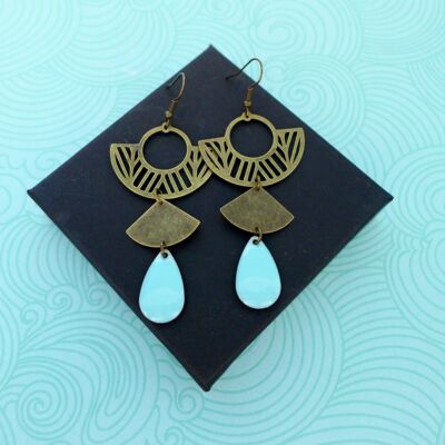 Grandes boucles d'oreilles graphiques Art Déco bronze et émail turquoise