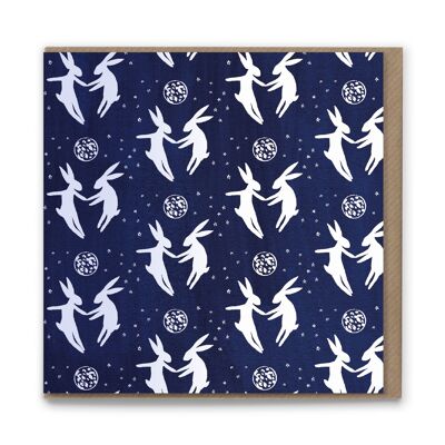 HCP104B Moon Hares in Blue Pattern Greetings Card