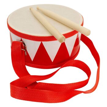 Tambour pour enfant instrument de musique en bois rouge et blanc avec sangle et baguettes D : 20 cm - 3845r 1