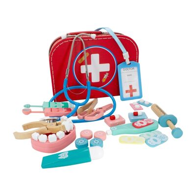 Children's doctor's case, doctor's case, doctor's case, 24 pieces with lots of wooden accessories and a functional stethoscope 18235