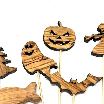 Tapón de flor de Halloween calabaza, fantasma, murciélago de madera de olivo