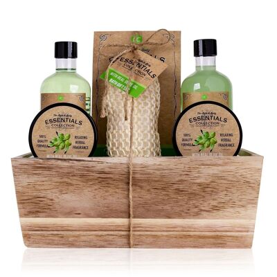 Wellness gift set OLIVE in a wooden basket, 6 pieces