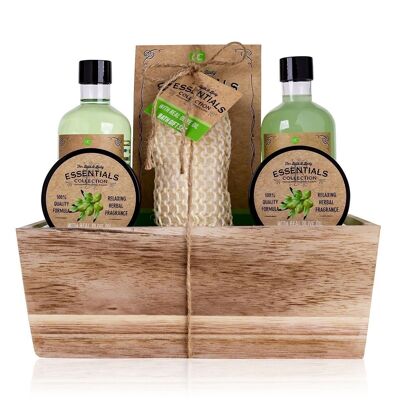 Wellness gift set OLIVE in a wooden basket, 6 pieces