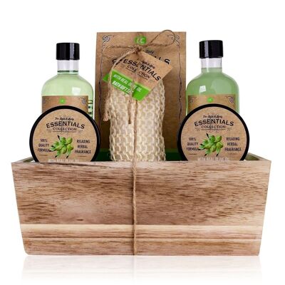 Set regalo benessere OLIVE in cestino di legno, 6 pezzi