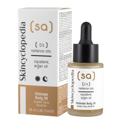 Skincyclopedia 3770094 – SCHIMMERENDES KÖRPERÖL MIT 5 % STRAHLUNGSFÖRDERLICHEN ÖLEN – SQUALAN, ARGANÖL, SHEABUTTER UND RIZINUSÖL UND GOLDENE PARTIKEL