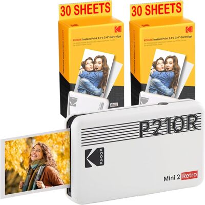Pack Mini Impresora KODAK P210 Retro 2 + Cartucho y Papel para 60 Fotos - Impresora Conectada Bluetooth - Fotos Formato CB 5,3 x 8,6 cm - Batería de Litio - Sublimación Térmica 4Pass