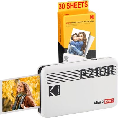 Pack Mini Impresora KODAK P210 Retro 2 + Cartucho y Papel para 30 Fotos - Impresora Conectada Bluetooth - Fotos Formato CB 5,3 x 8,6 cm - Batería de Litio - Sublimación Térmica 4Pass