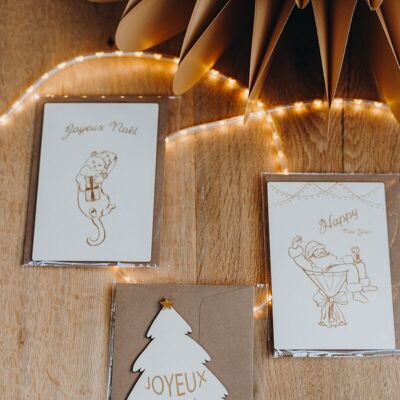 Tarjetas de felicitación de madera para Navidad y feliz año nuevo.