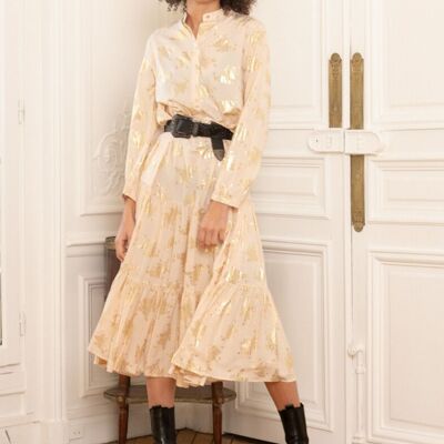 Long loose cut dress with gathers, printed with doure effect