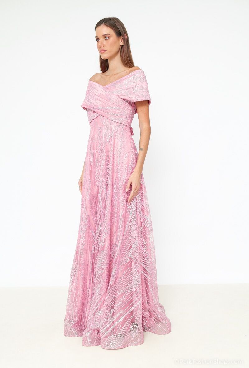 Abito con scollo a barchetta in paillettes Rosa