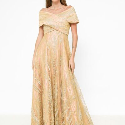 Goldfarbenes, mit Pailletten besetztes Kleid mit U-Boot-Ausschnitt