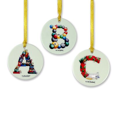 Decorazioni per l'albero in ceramica con l'alfabeto natalizio - Nastro dorato