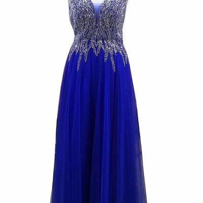 Royal blue tulle and rhinestone evening dress