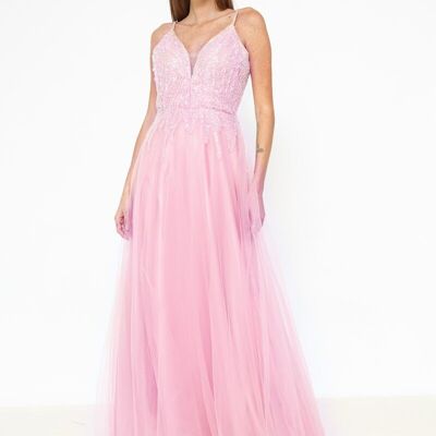 Pink tulle and rhinestone evening dress