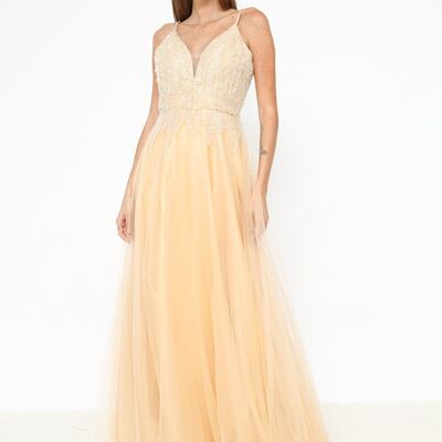 Evening dress in tulle and gold rhinestones