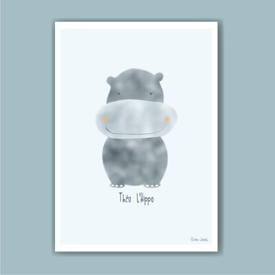 Affiche enfant A3 et A4 Hippo gris