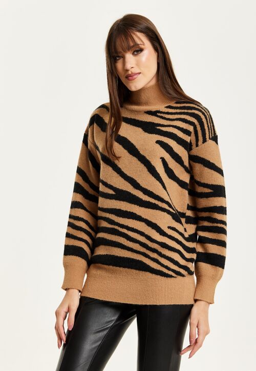 Liquorish Zebra Pattern High Neck Jumper In Brown And Black