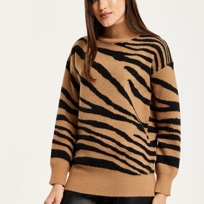 Liquorish Zebra Pattern High Neck Jumper In Brown And Black