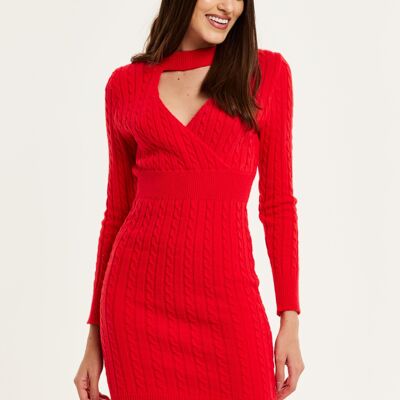 Liquorish Cut Out Front Cable Knit Mini Dress In Red