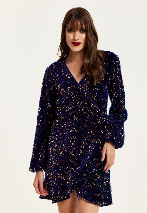 Liquorish Royal Blue Velvet Based Multicolour Sequin Mini Wrap Dress