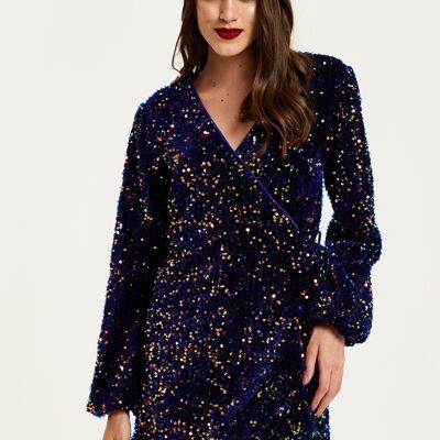 Liquorish Royal Blue Velvet Based Multicolour Sequin Mini Wrap Dress