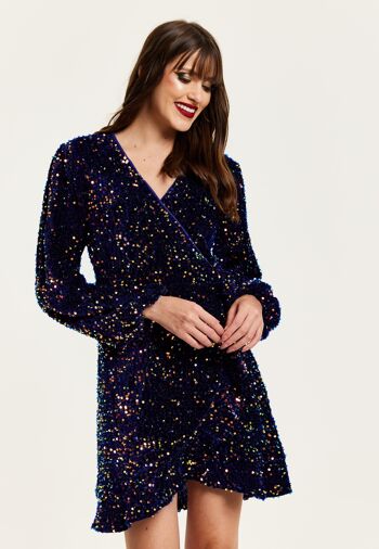 Liquorish - Robe portefeuille courte à sequins multicolores à base de velours bleu royal 2