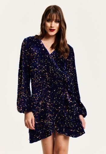 Liquorish - Robe portefeuille courte à sequins multicolores à base de velours bleu royal 4