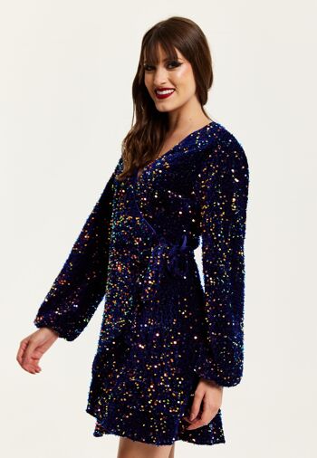 Liquorish - Robe portefeuille courte à sequins multicolores à base de velours bleu royal 6