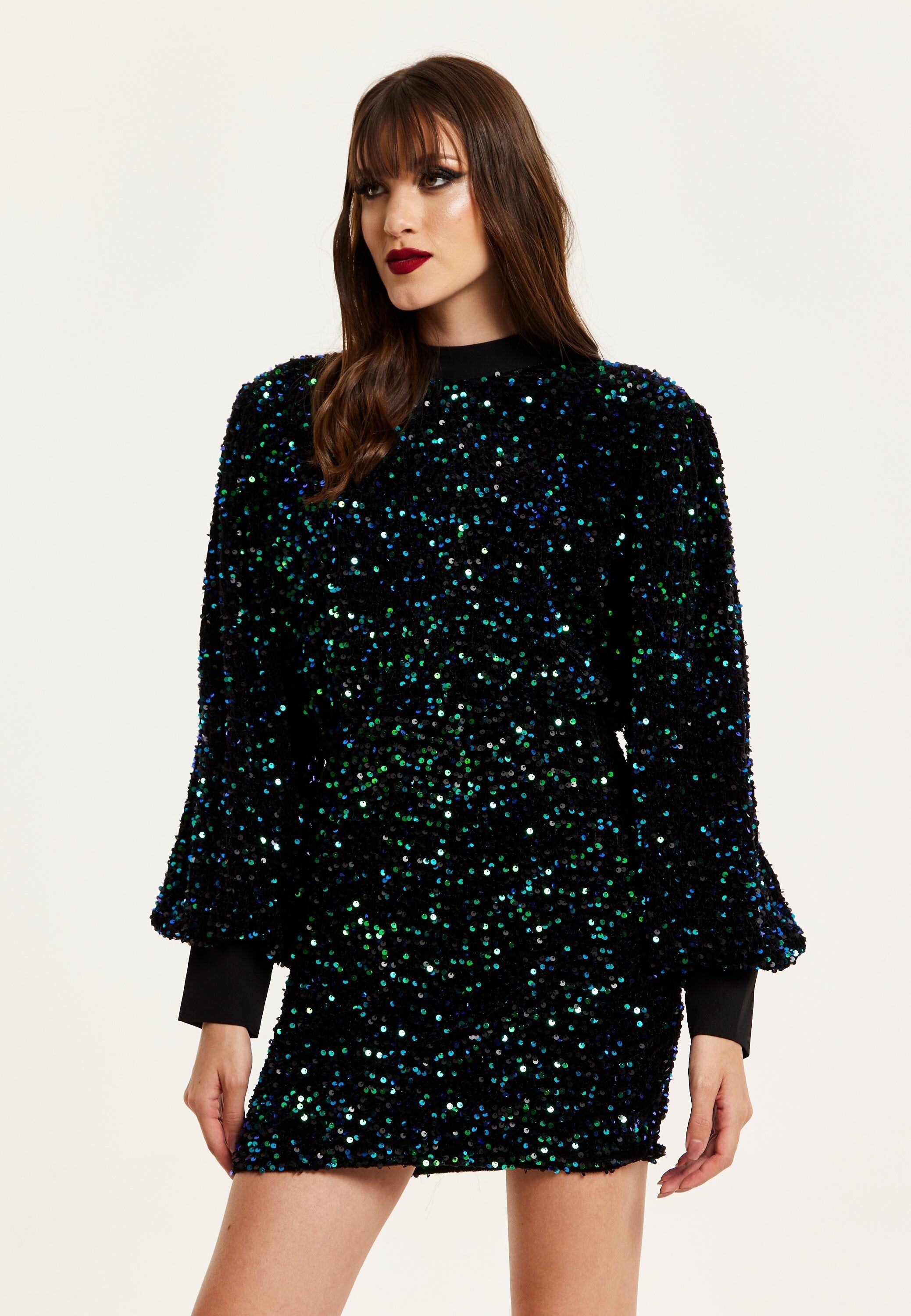 Liquorish Black Velvet Based Green And Blue Sequin Mini Dress