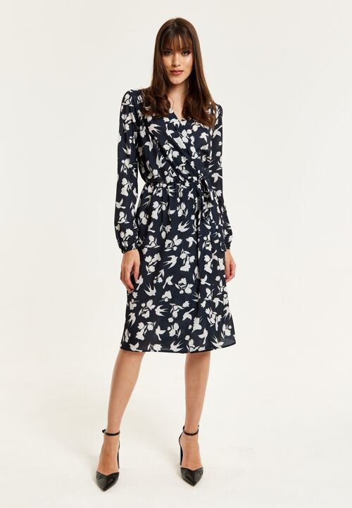 Liquorish Floral And Bird Print Midi Fake Wrap Dress In Navy