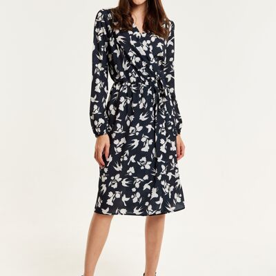 Liquorish Floral And Bird Print Midi Fake Wrap Dress In Navy