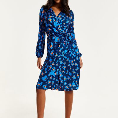 Liquorish Blue Abstract Print Midi Fake Wrap Dress