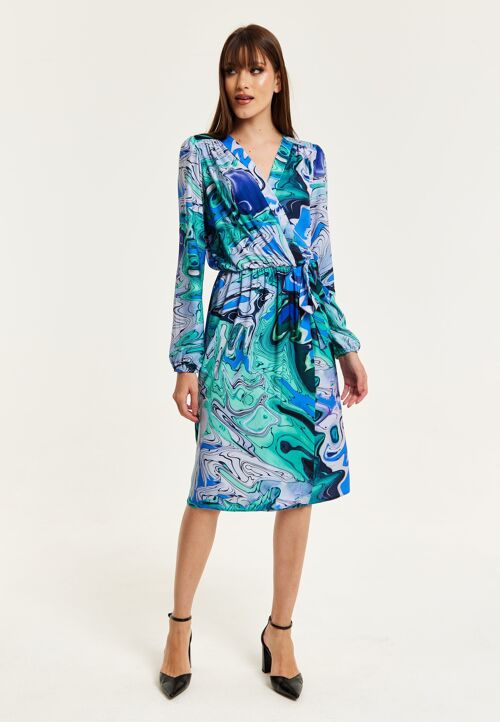 Liquorish Turquoise Marble Print Midi Wrap Dress